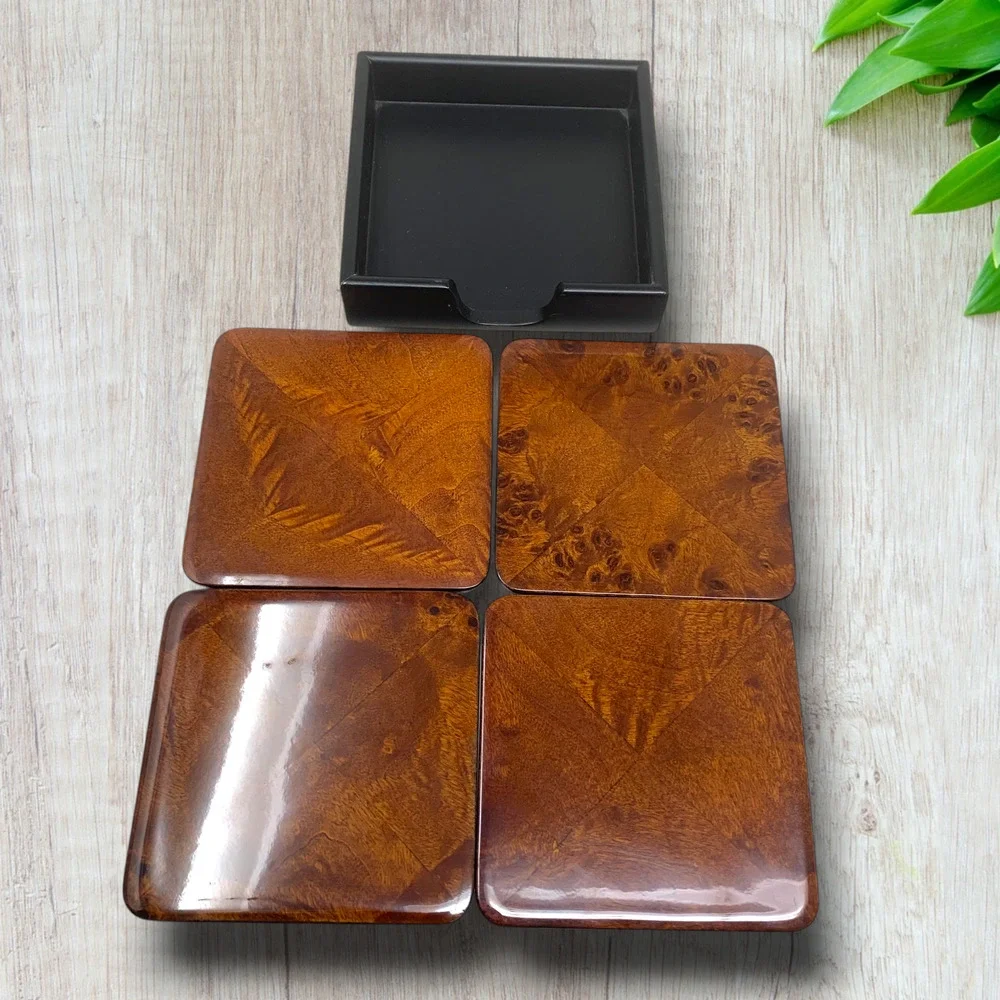 Vintage Bombay Company Wood Veneer Coasters Holder Set 4 Bookmatched Felt Back